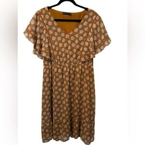 Mikarose Midi Marigold Floral Flutter Sleeves Dress Sz XL Gardencore